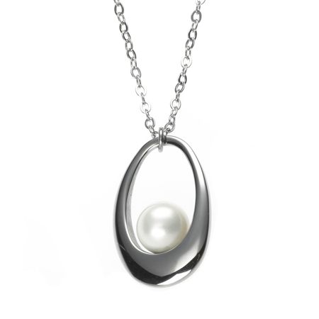 Oval Steel Pendant with White Mother of Pearl - Click Image to Close